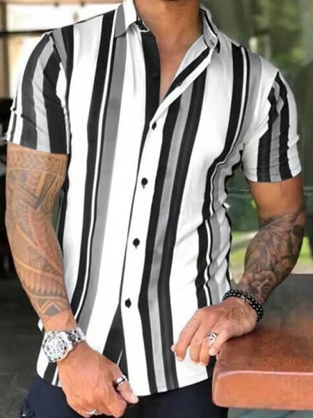 Button Front Striped Print Short Sleeve Shirt
