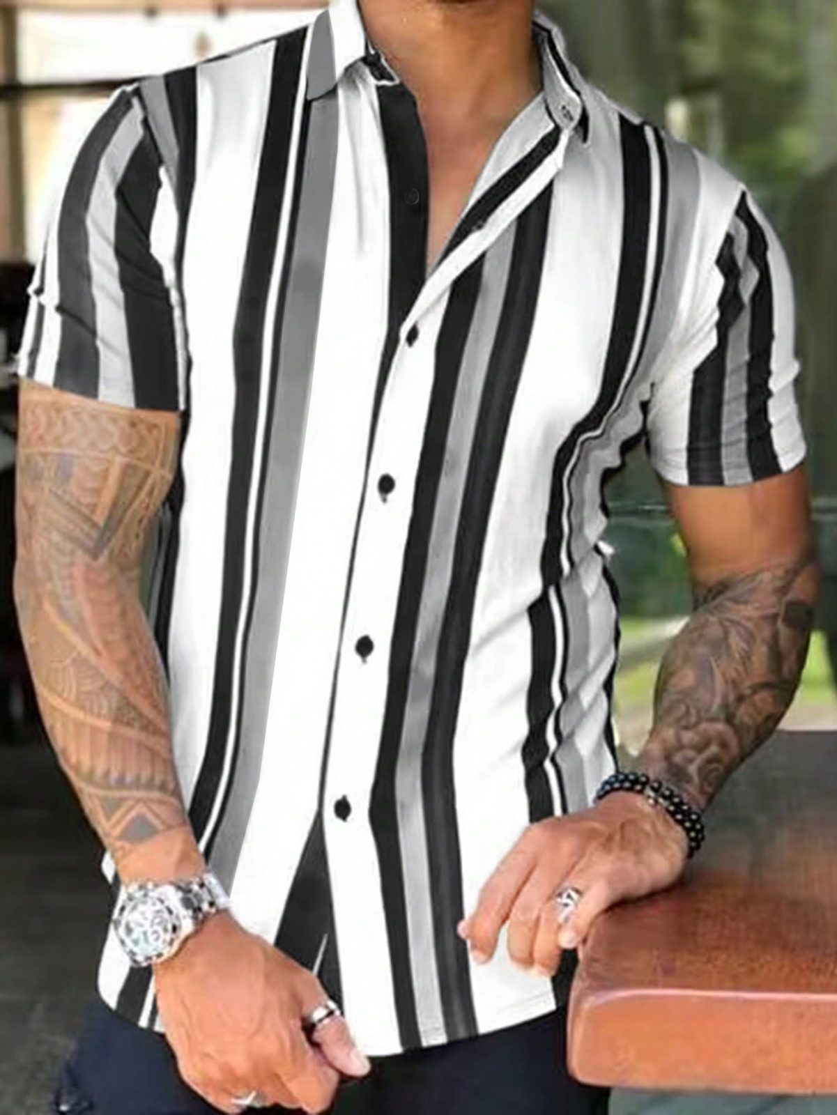Button Front Striped Print Short Sleeve Shirt