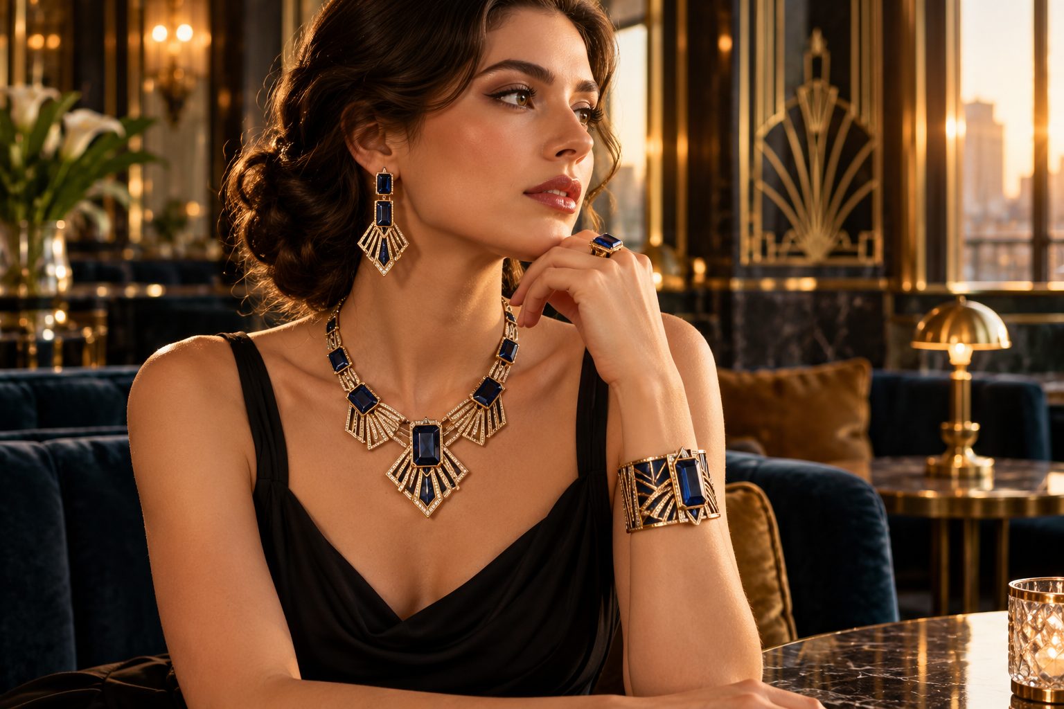 Close-up of model in bold Art Deco jewelry, soft light in an elegant lounge.