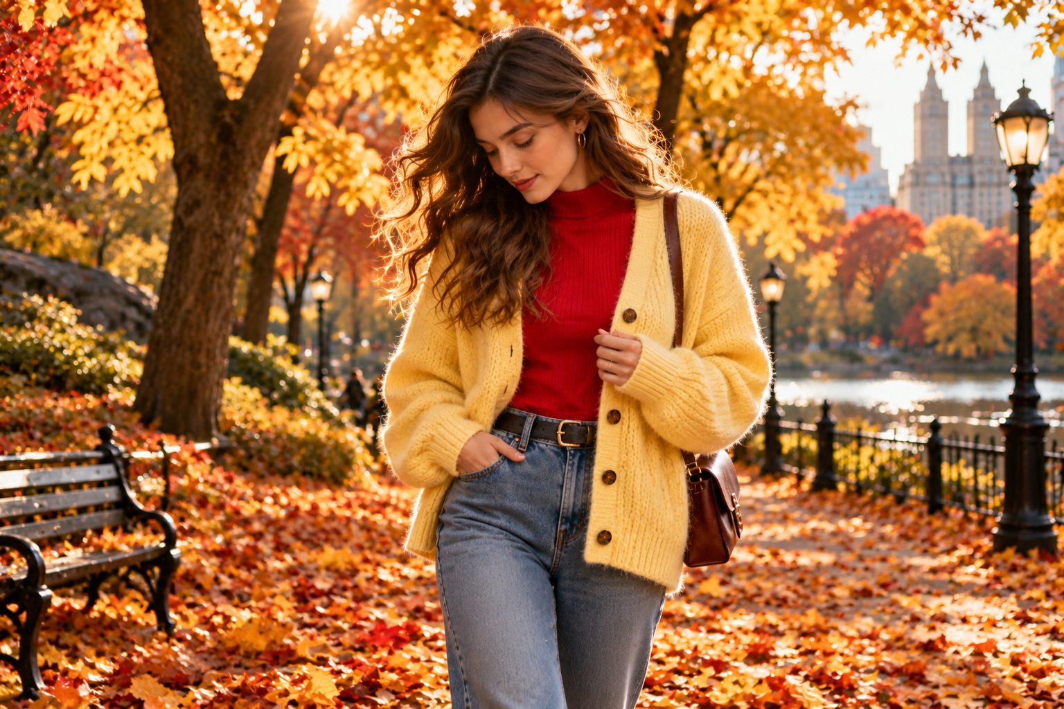 Model in layered autumn fashion, butter yellow cardigan and red top, in a park with golden leaves.