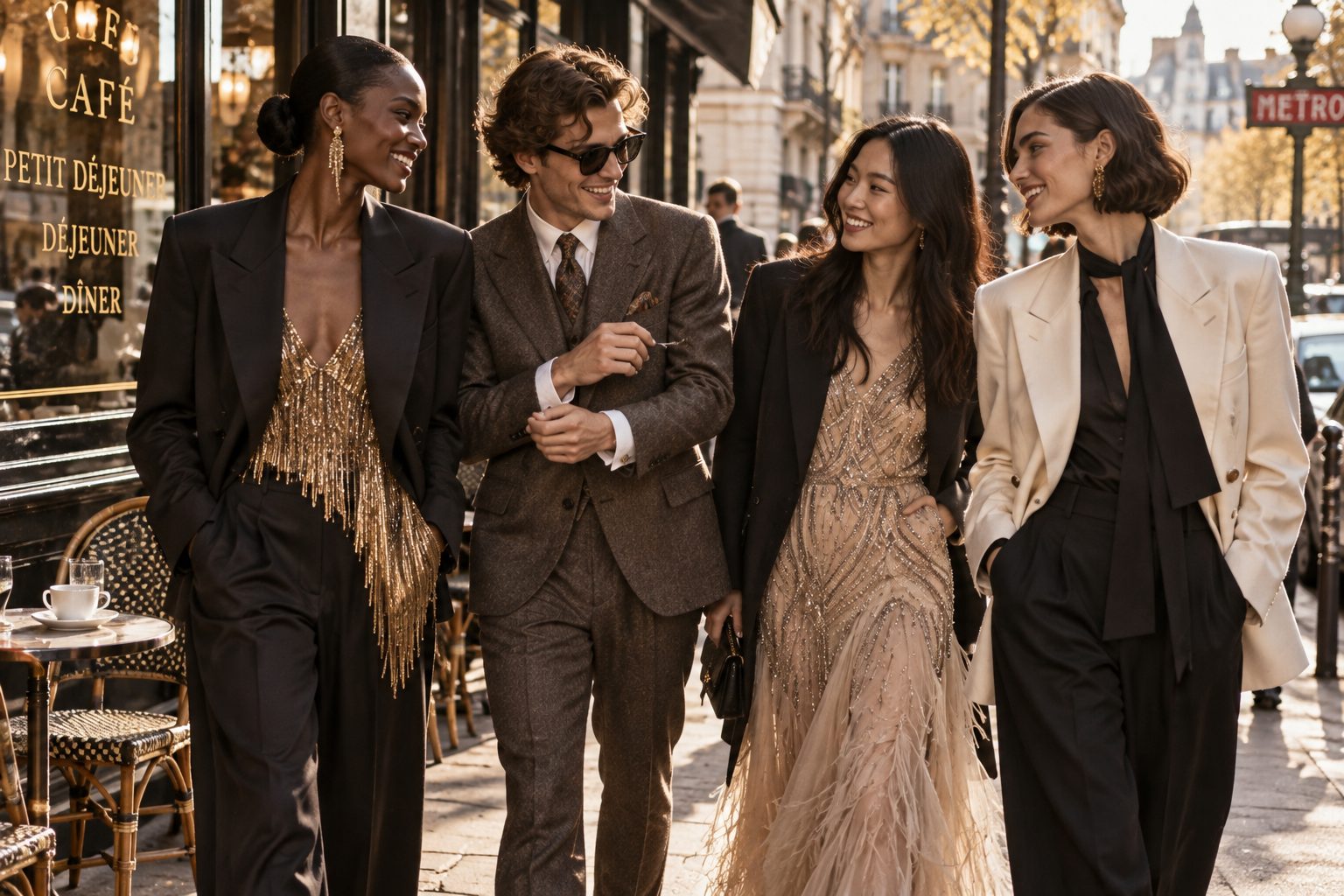 Models in tailored blazers and dresses chatting on a city street.