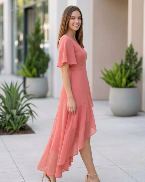 Women Flutter Sleeve Ruffled Hem Mock Wrap A-Line Dress