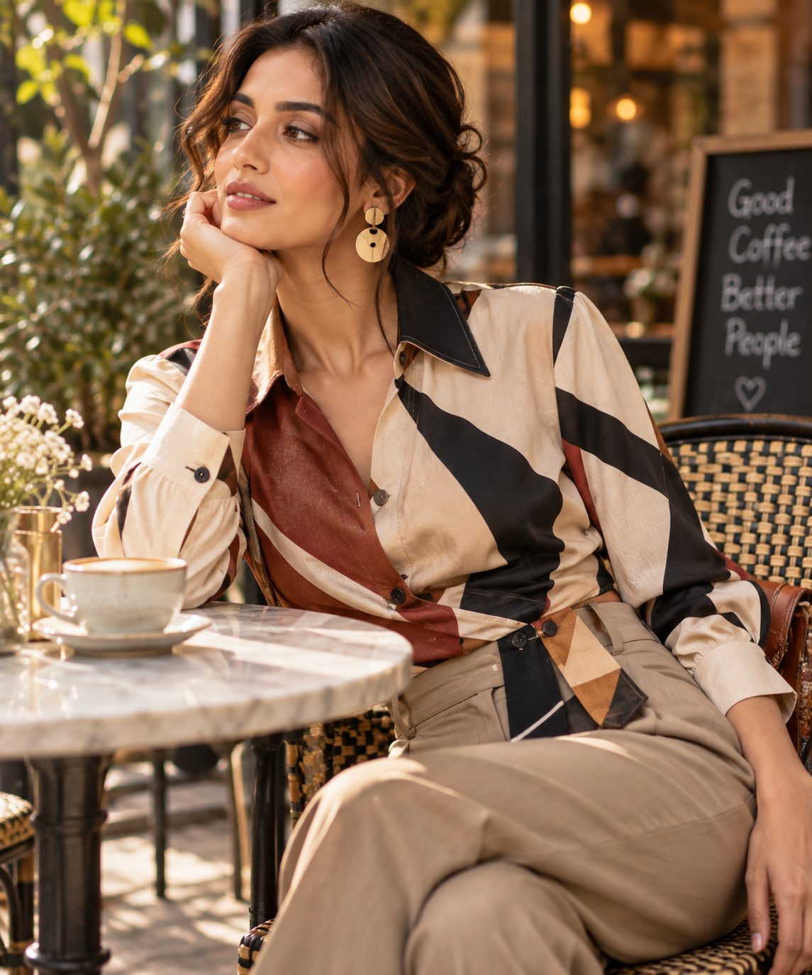 A model in an asymmetrical shirt gazes thoughtfully in a cozy outdoor café.