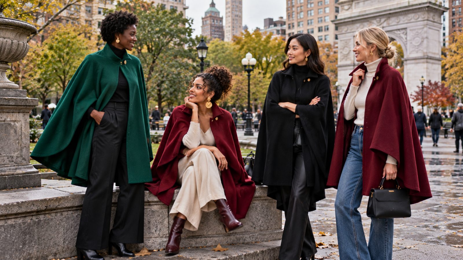 Group of models in colorful capes in an urban park.