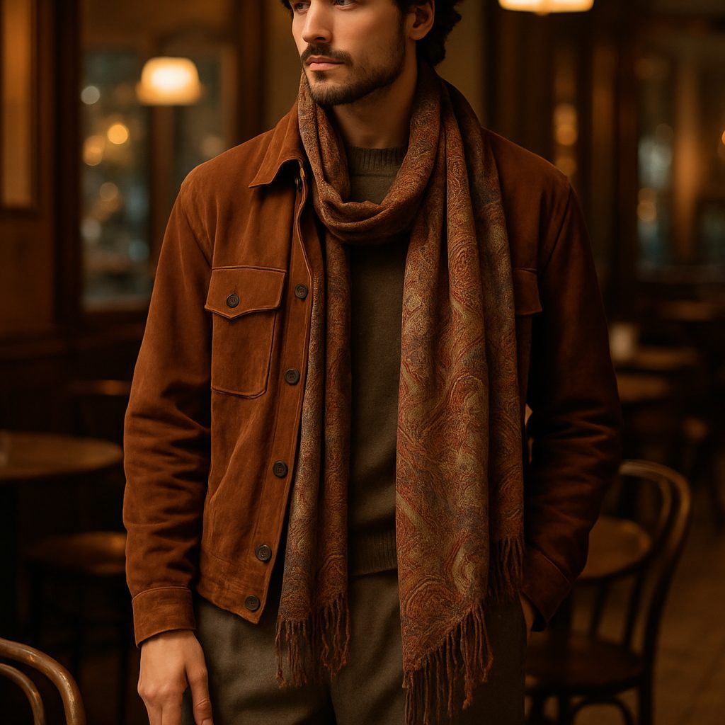 Man in layered outfit at café
