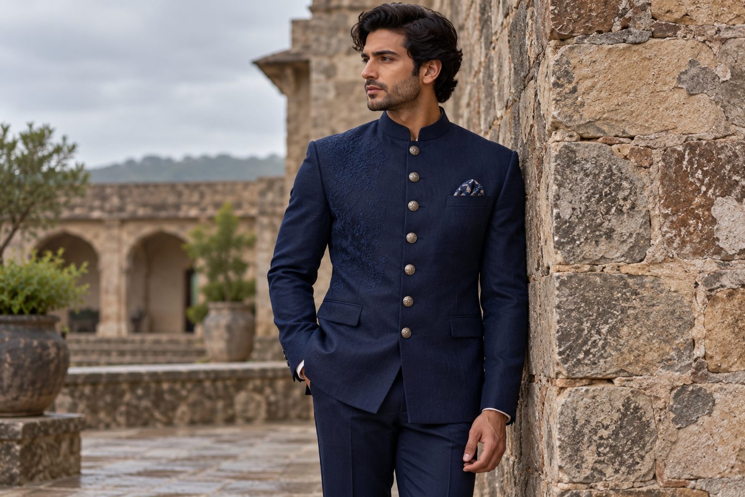 Male model in midnight blue bandhgala jacket by rustic stone wall.