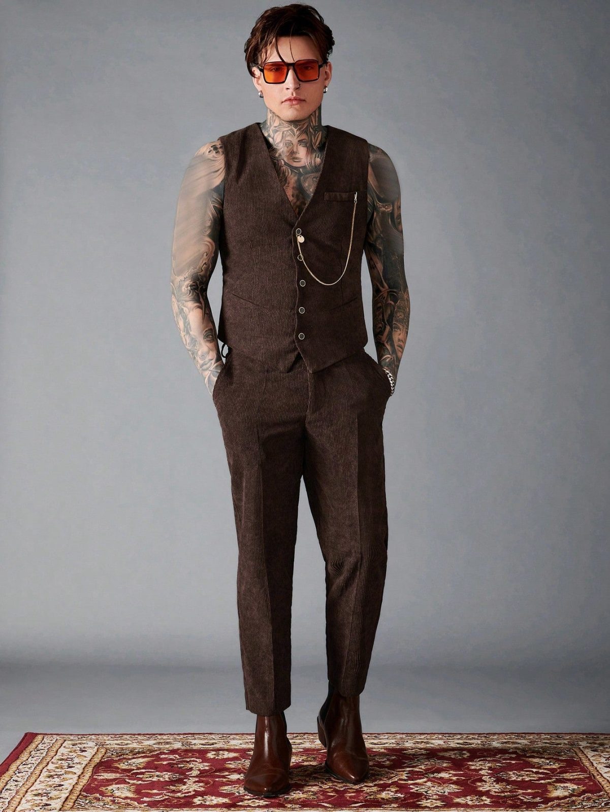 Brown Chain Detail Button Front Cord Vest Blazer and Suit Pants