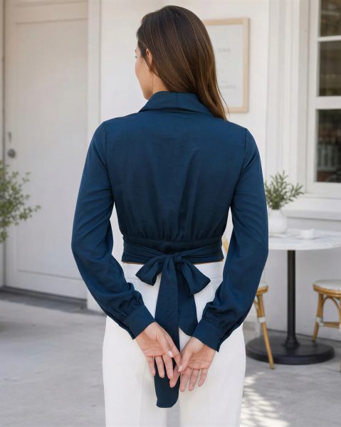 Deep V Neck Cuff Sleeve Back Tie-Up Wrap Top
