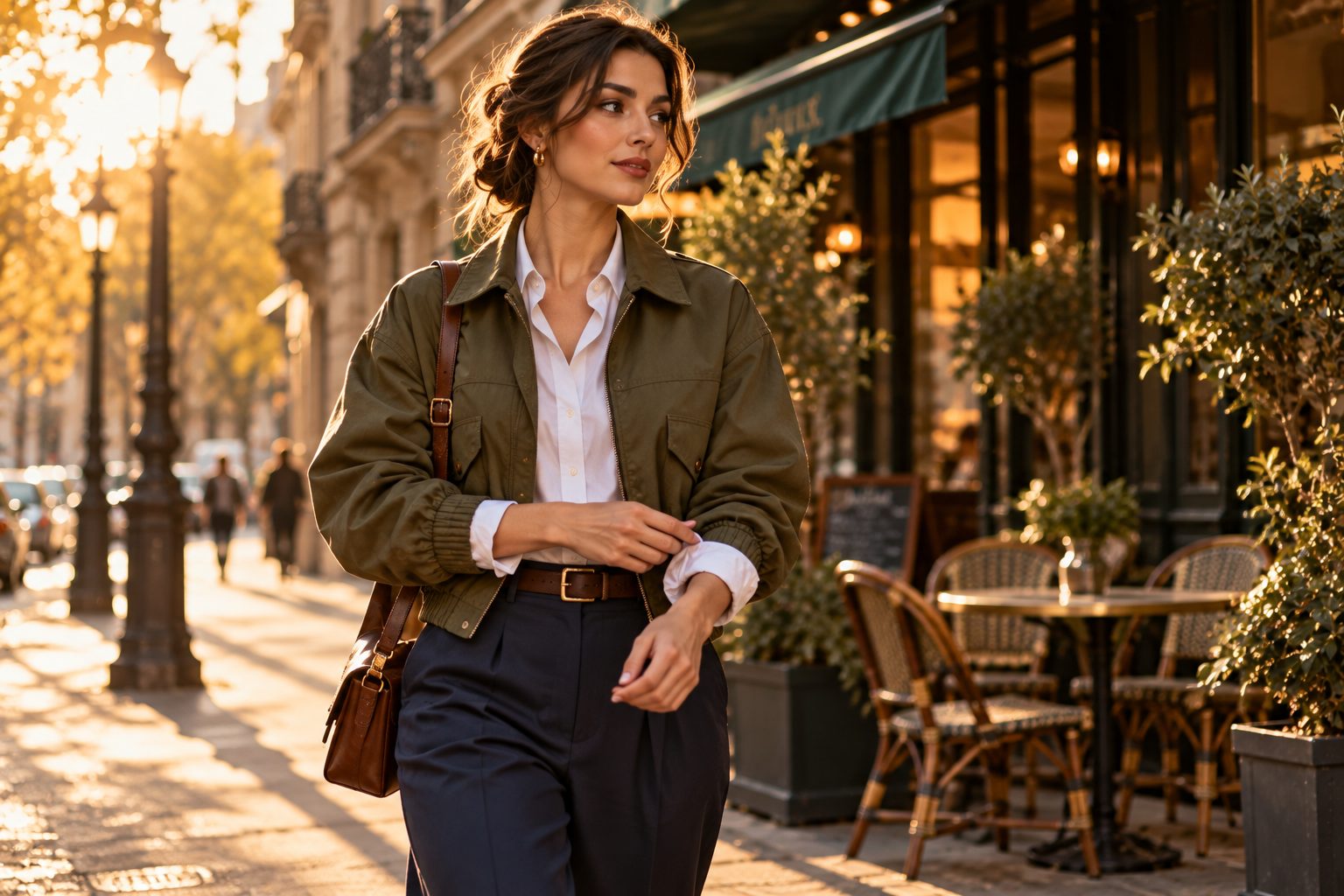 Model in olive green blouson jacket adjusting cuff in warm golden hour light