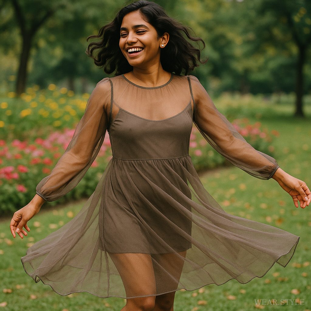 Indian woman twirling in a sheer dress in a flower-filled park.