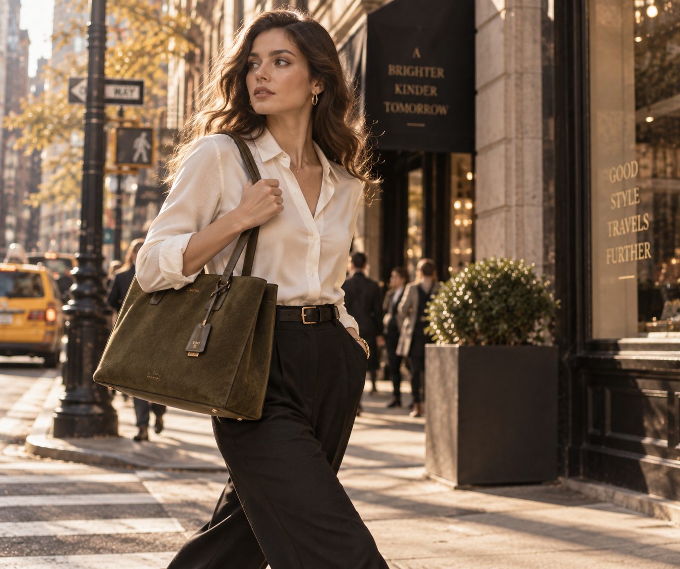 Model walking in city street with olive green suede tote bag