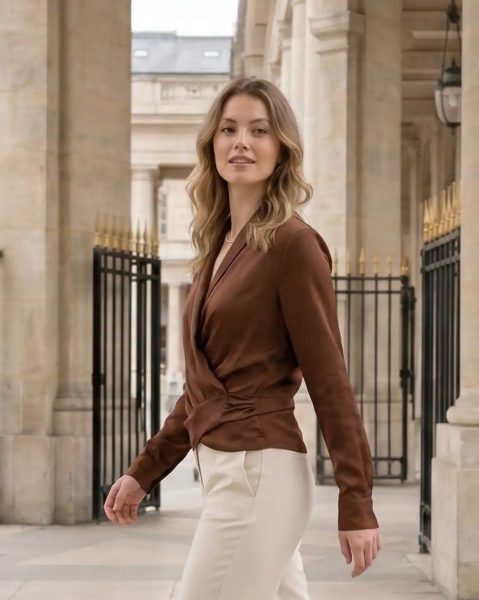Deep V Neck Cuff Sleeve Back Tie-Up Wrap Top