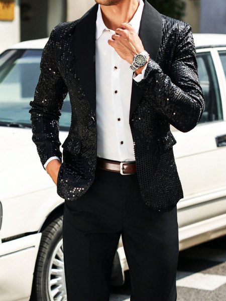 Men's Black Sequin Shawl Collar Blazer – Party-Ready & Effortlessly Bold