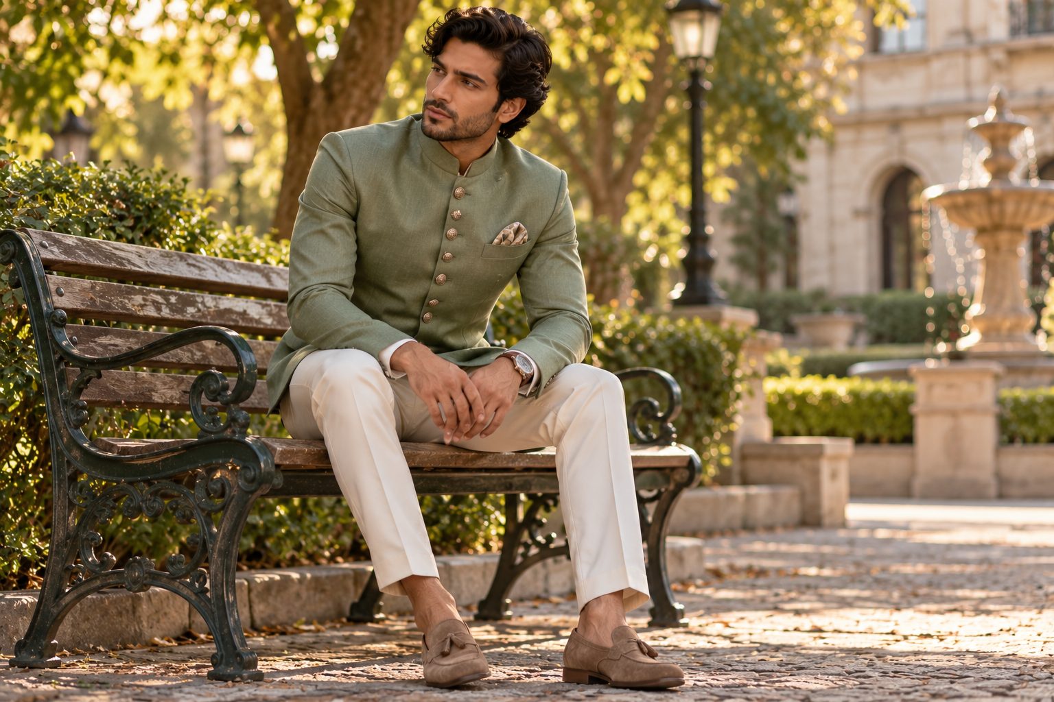 Male model in sage green bandhgala jacket seated in urban park.