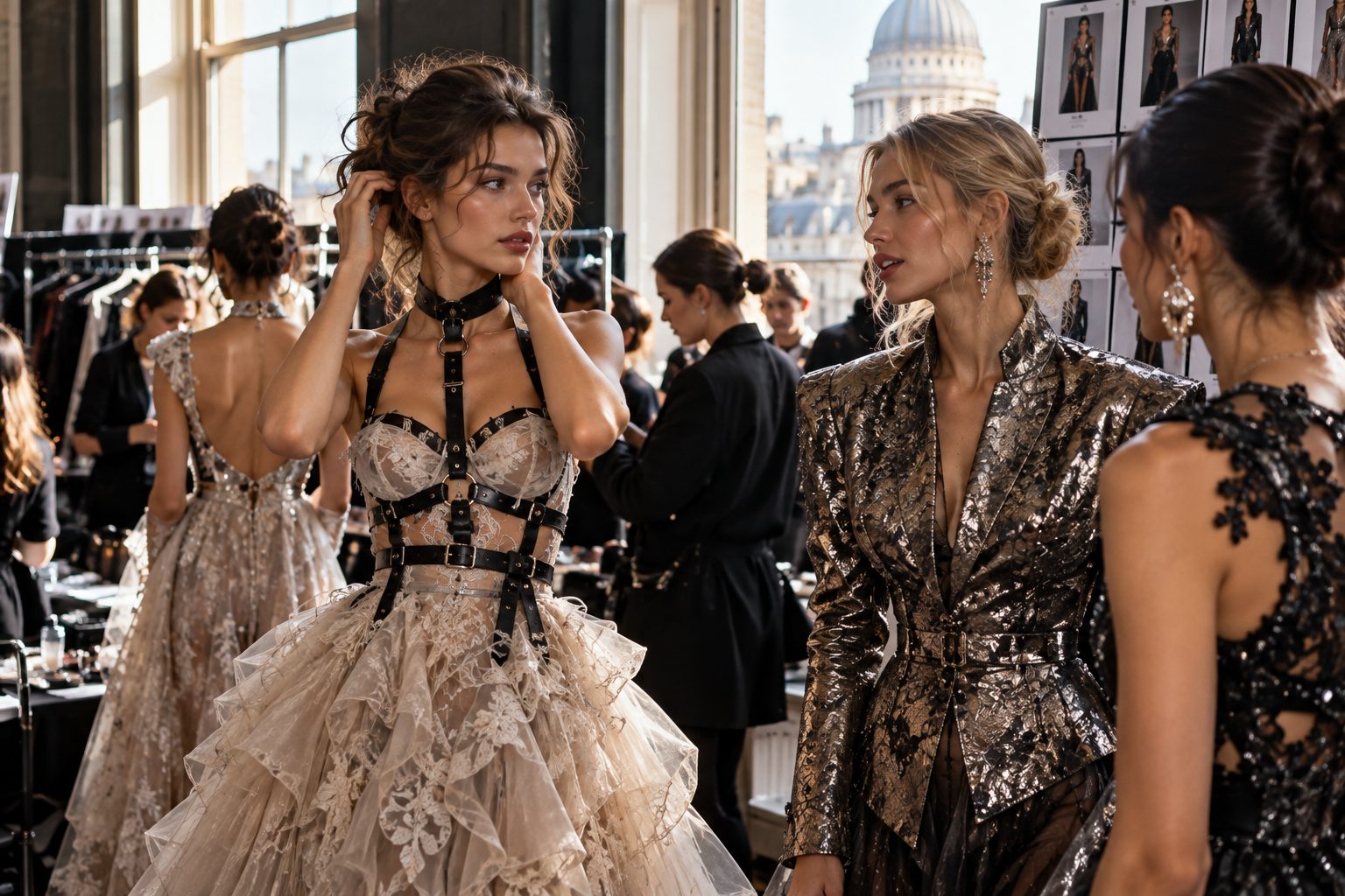 Models backstage at London Fashion Week, showcasing avant-garde outfits in lively natural light.
