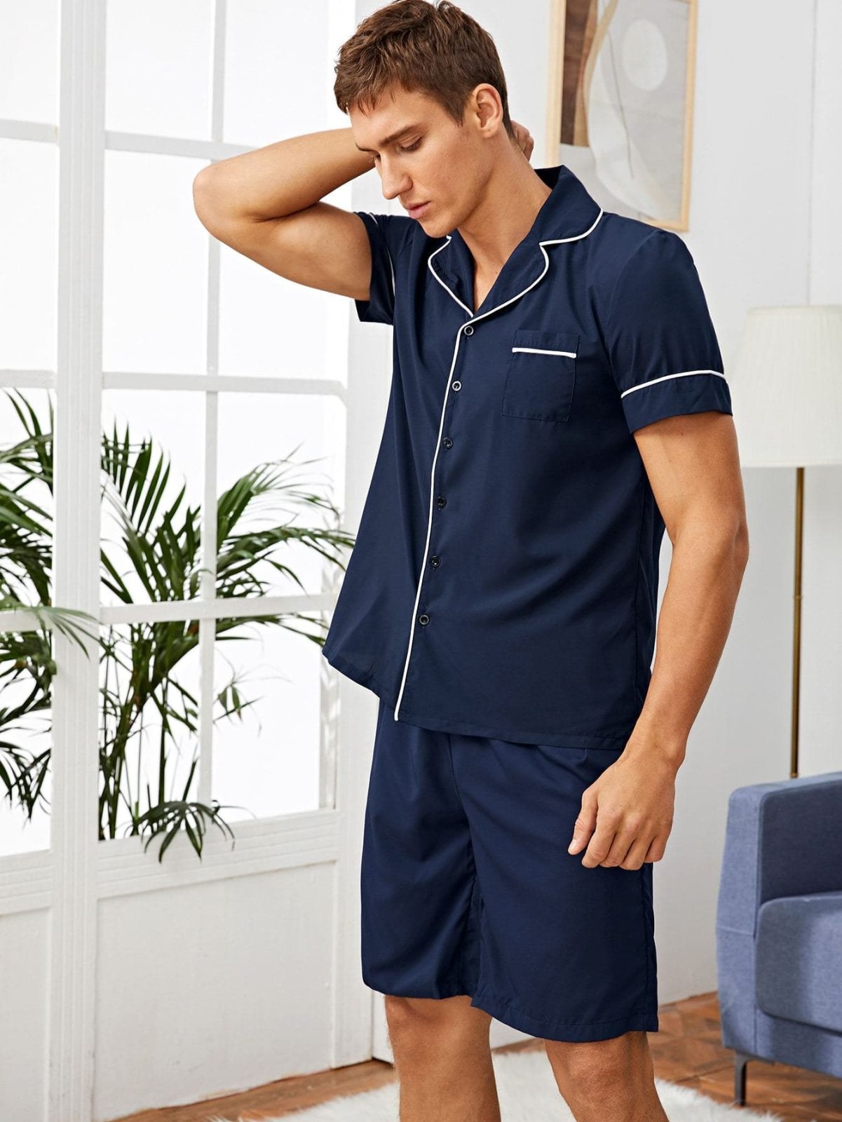Navy Blue Contrast Piping Sleepwear Set
