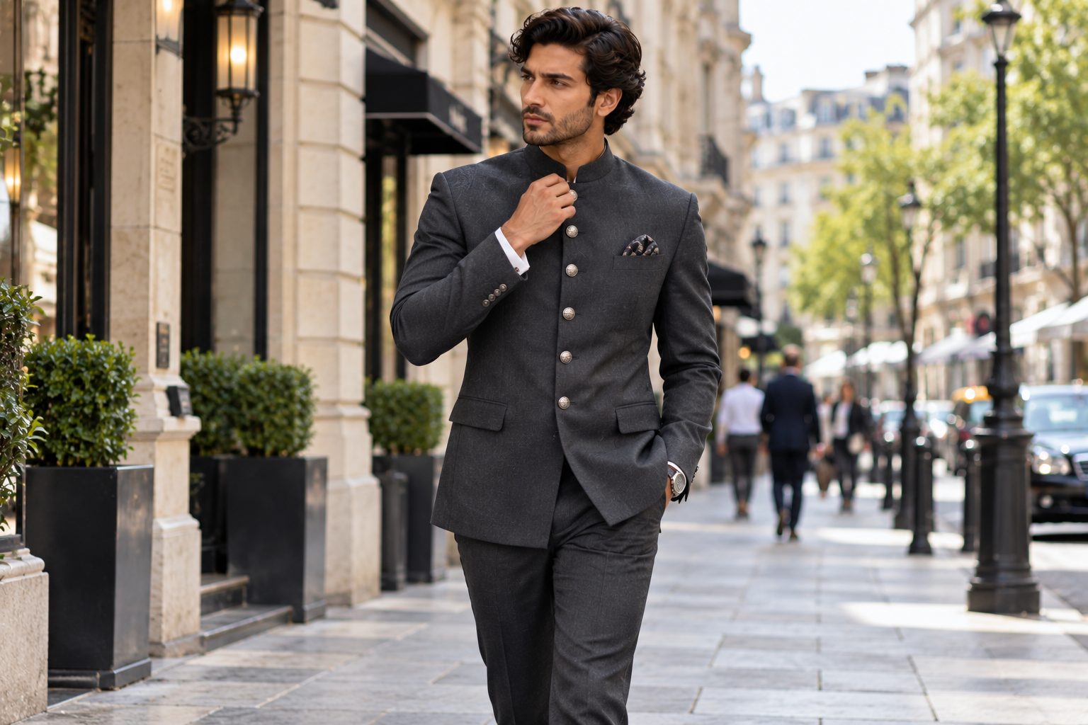 Male model in charcoal grey bandhgala jacket walking on city street.
