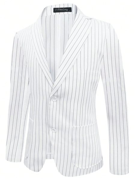White Striped Print Lapel Neck Single Breasted Blazer