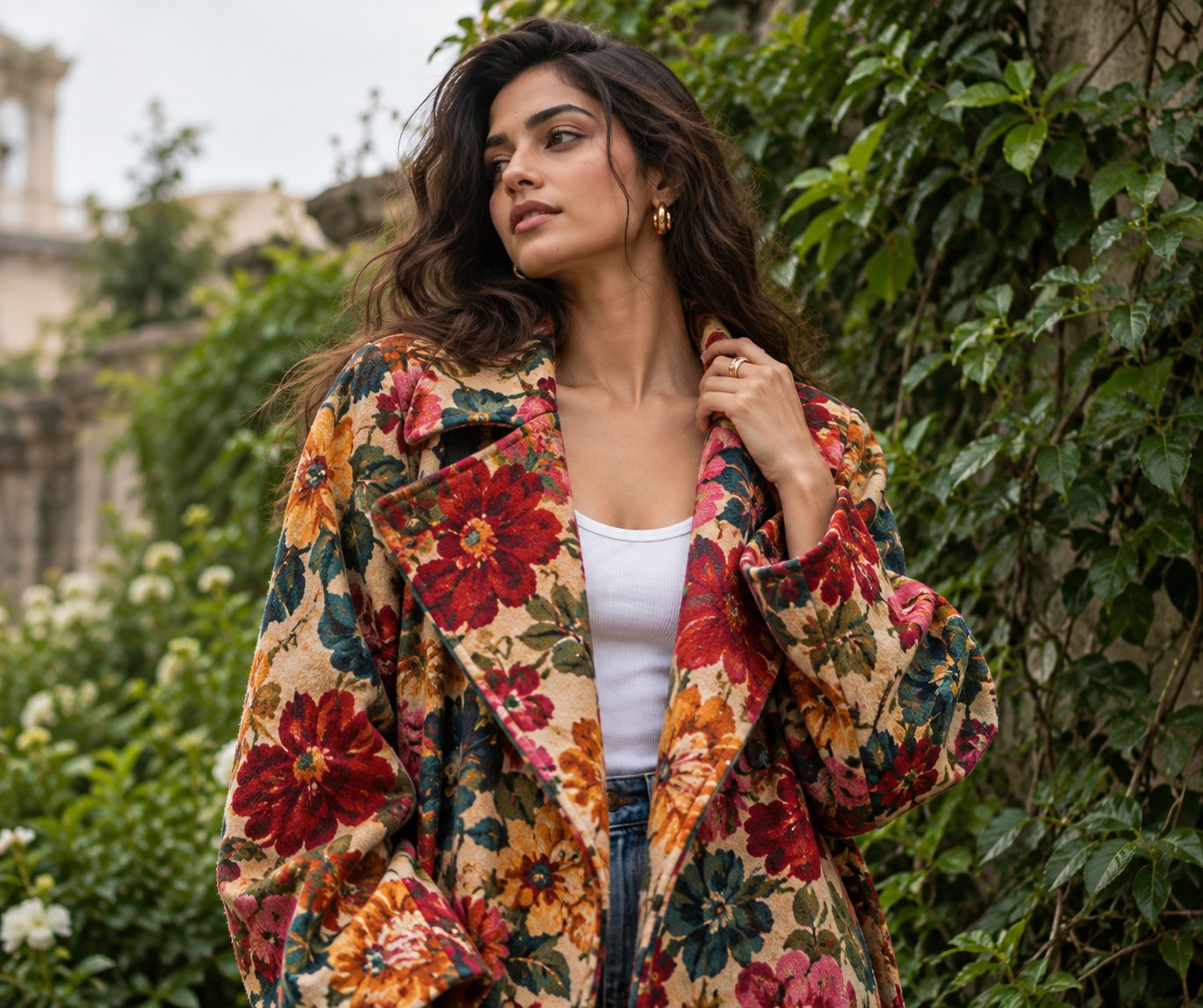 Model in oversized floral coat against greenery, captured in a moment of contemplation.