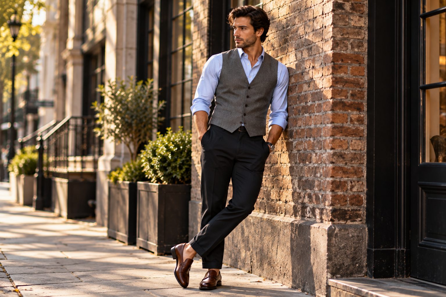 Man in fitted waistcoat leaning against a brick wall in soft afternoon light.