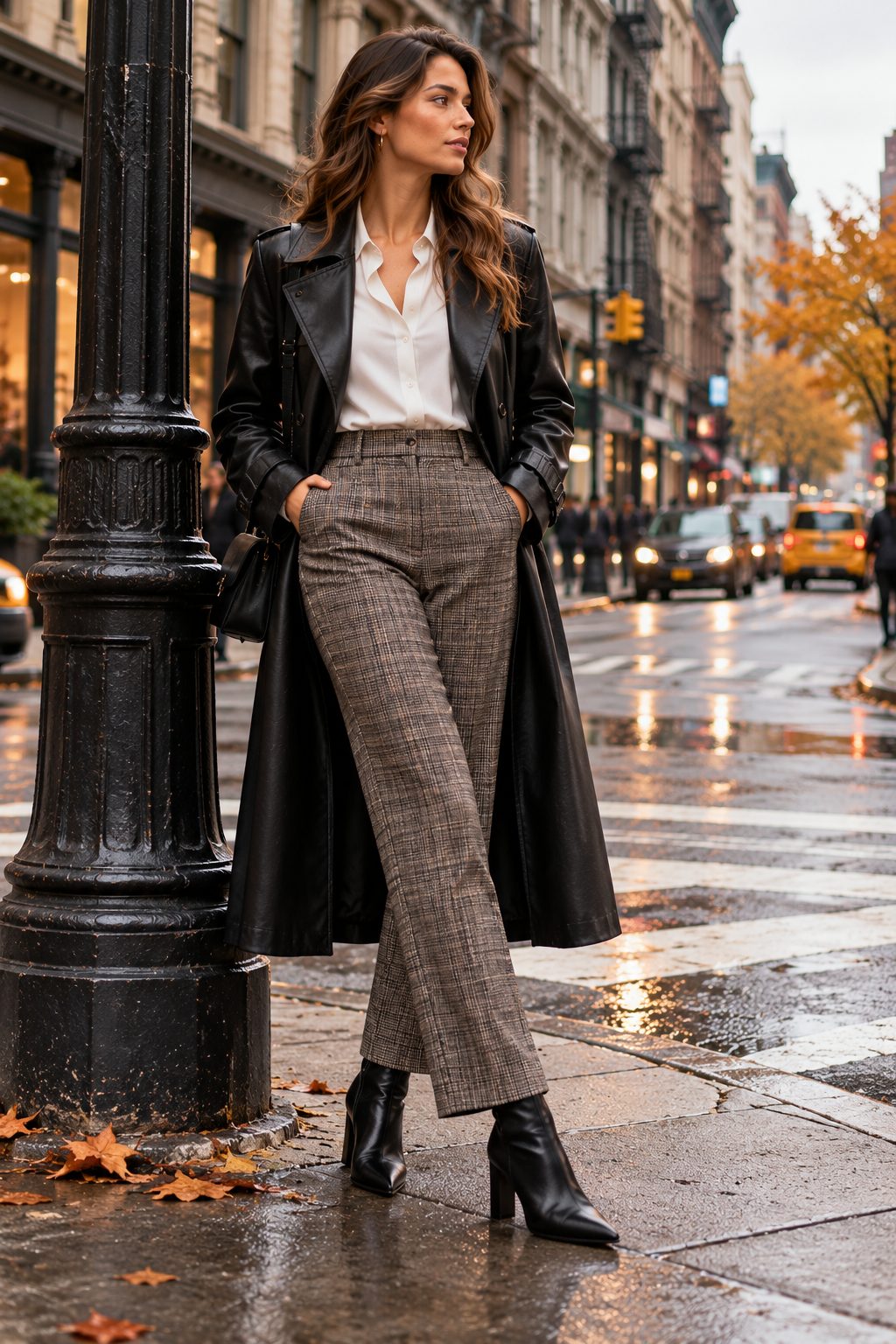 Model in black leather trench coat and ankle boots, standing at a street corner in overcast light.