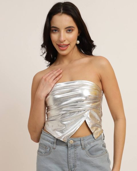 Party Strapless Mock Wrap Pleated Shimmer Fitted Tube Top