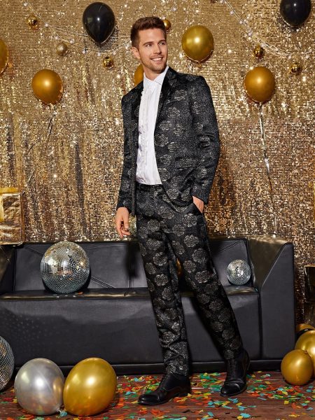 Black Lapel Collar Jacquard Blazer and Trousers Set