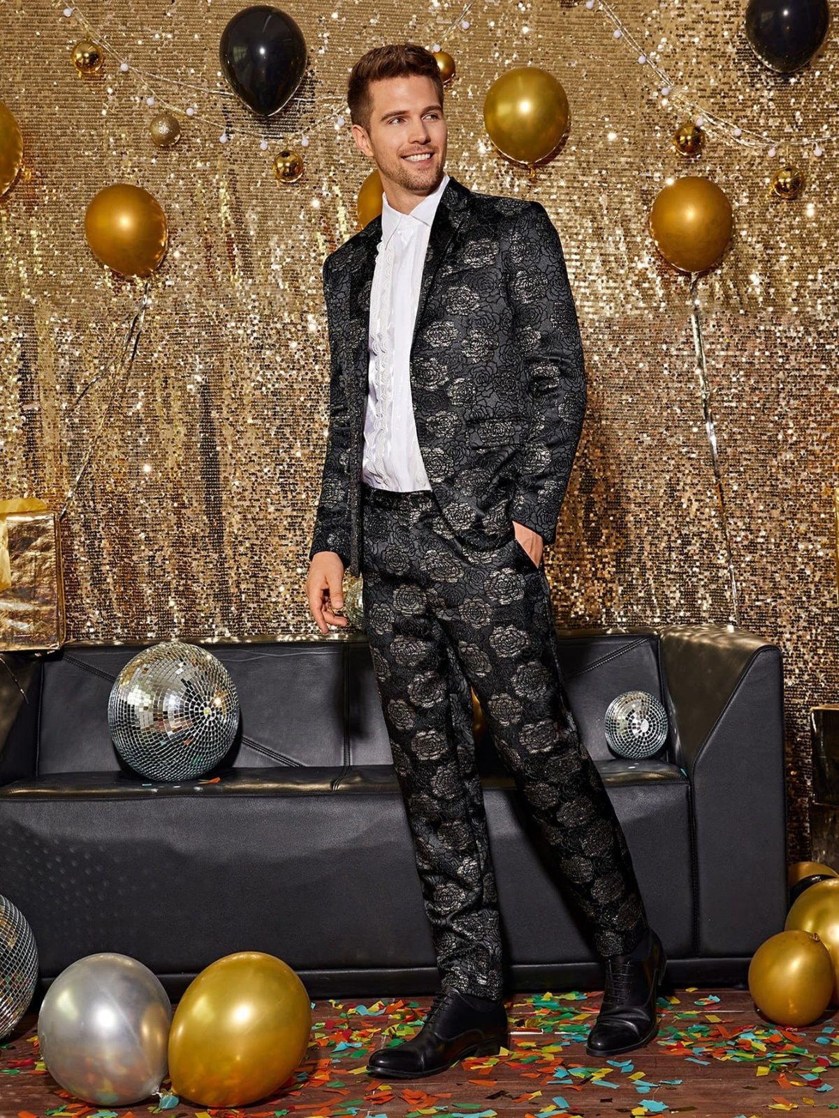 Black Lapel Collar Jacquard Blazer and Trousers Set