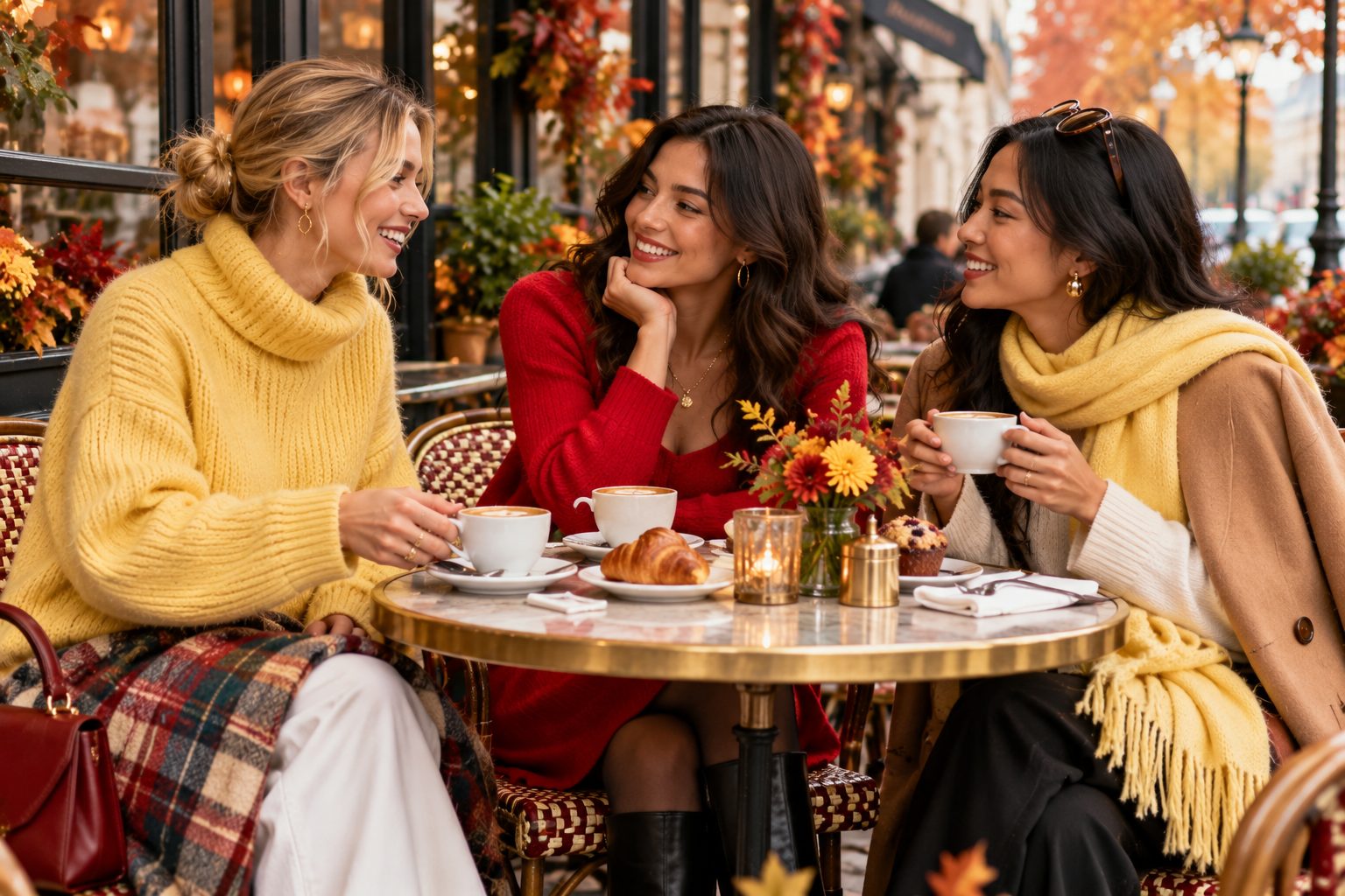 Group of friends in vibrant autumn attire at a café, enjoying a cozy moment together.