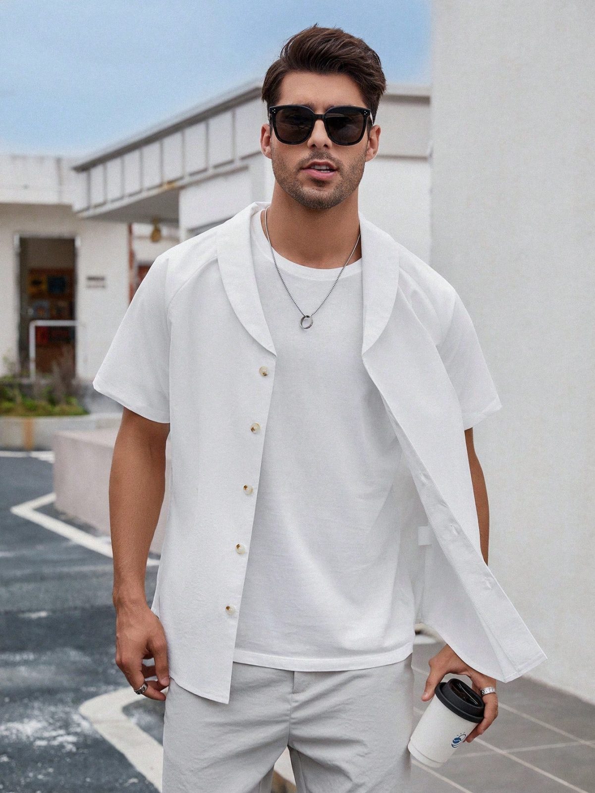 Solid White Button Front Shawl Collar Shirt