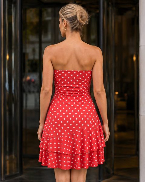Women Strapless Side Ruched Polka Dot Layered Bodycon Dress