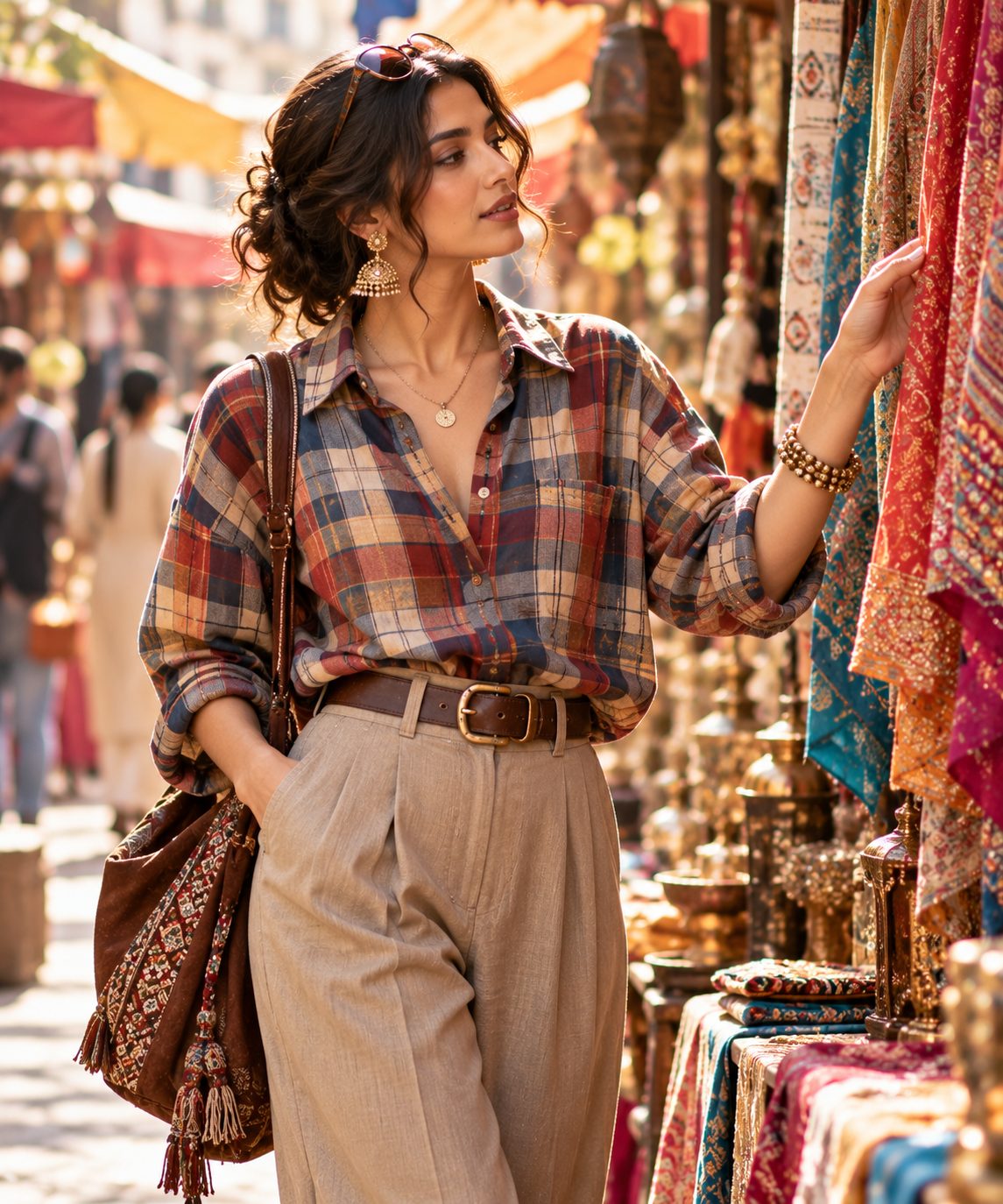 A model explores a market street while wearing a plaid oversized shirt and high-waisted trousers.