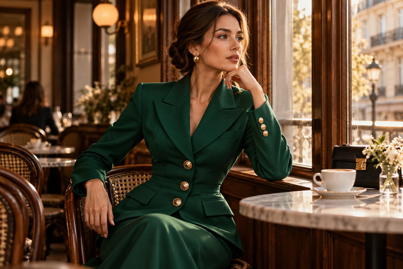 Model in a cinched-waist emerald blazer at a cozy café.