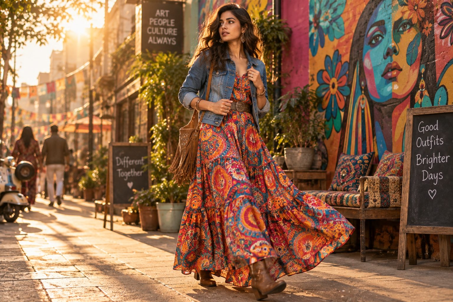 Model in psychedelic boho maxi dress and denim jacket in urban setting during golden hour.
