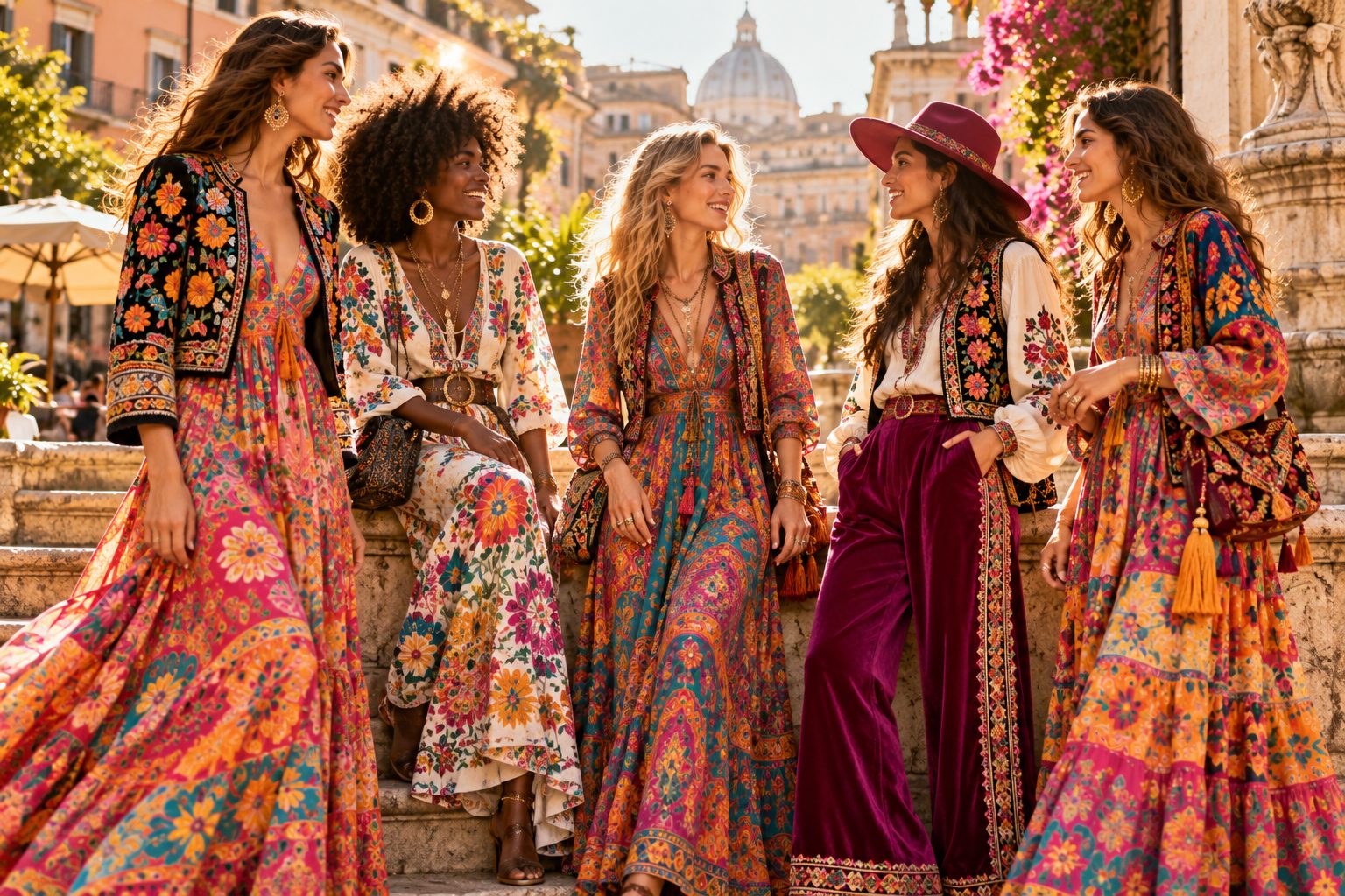 Close-up of model adjusting cuff of embroidered jacket, showcasing psychedelic boho style.