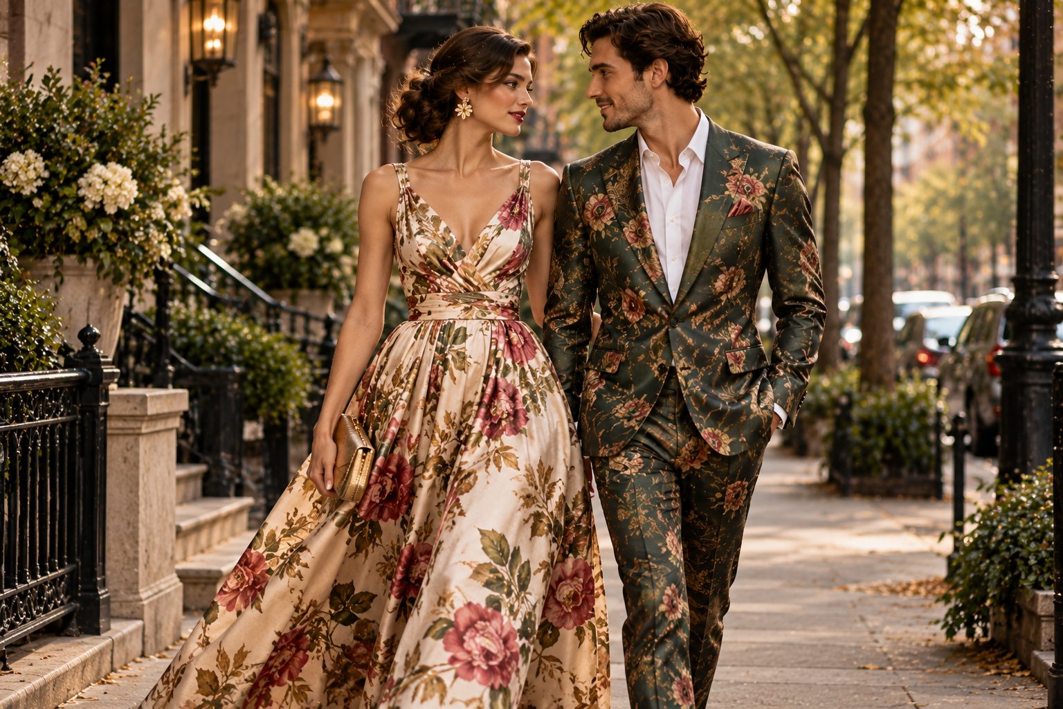 Models in floral silk faille garments walking in an urban setting, highlighting timeless fashion.
