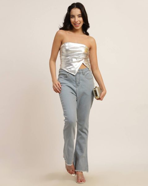 Party Strapless Mock Wrap Pleated Shimmer Fitted Tube Top