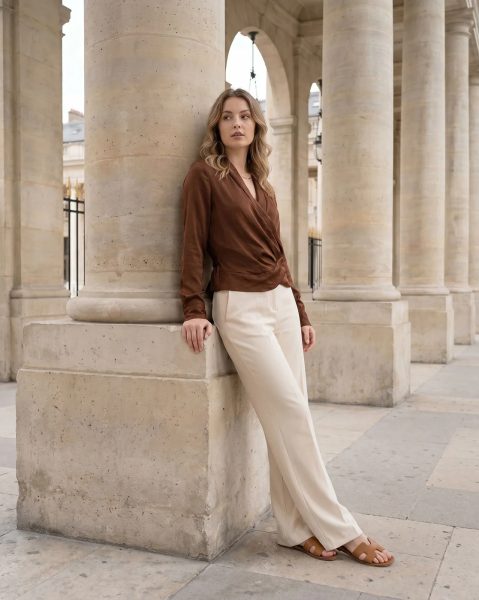 Deep V Neck Cuff Sleeve Back Tie-Up Wrap Top