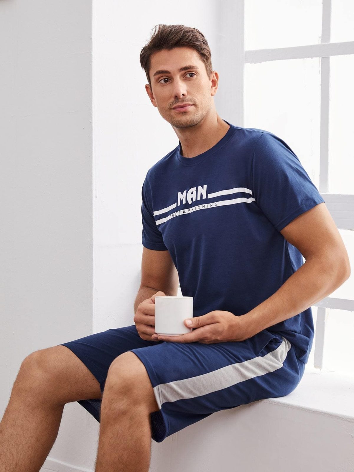 Round Neck Striped and Letter Graphic Pyjama Sleepwear Set
