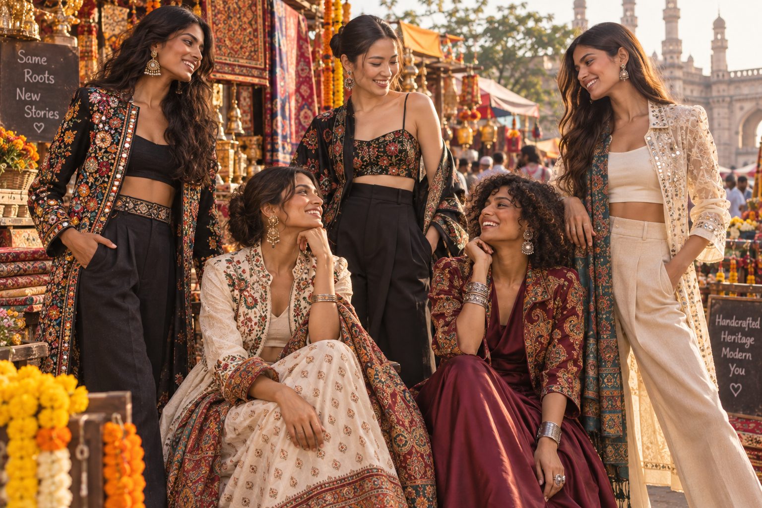 Group of models in vibrant outfits blending traditional and modern Indian fashion.