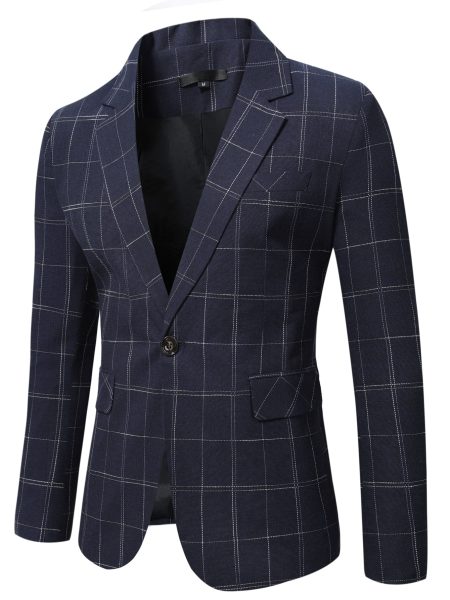Navy Blue Plaid Single Front Button Blaze
