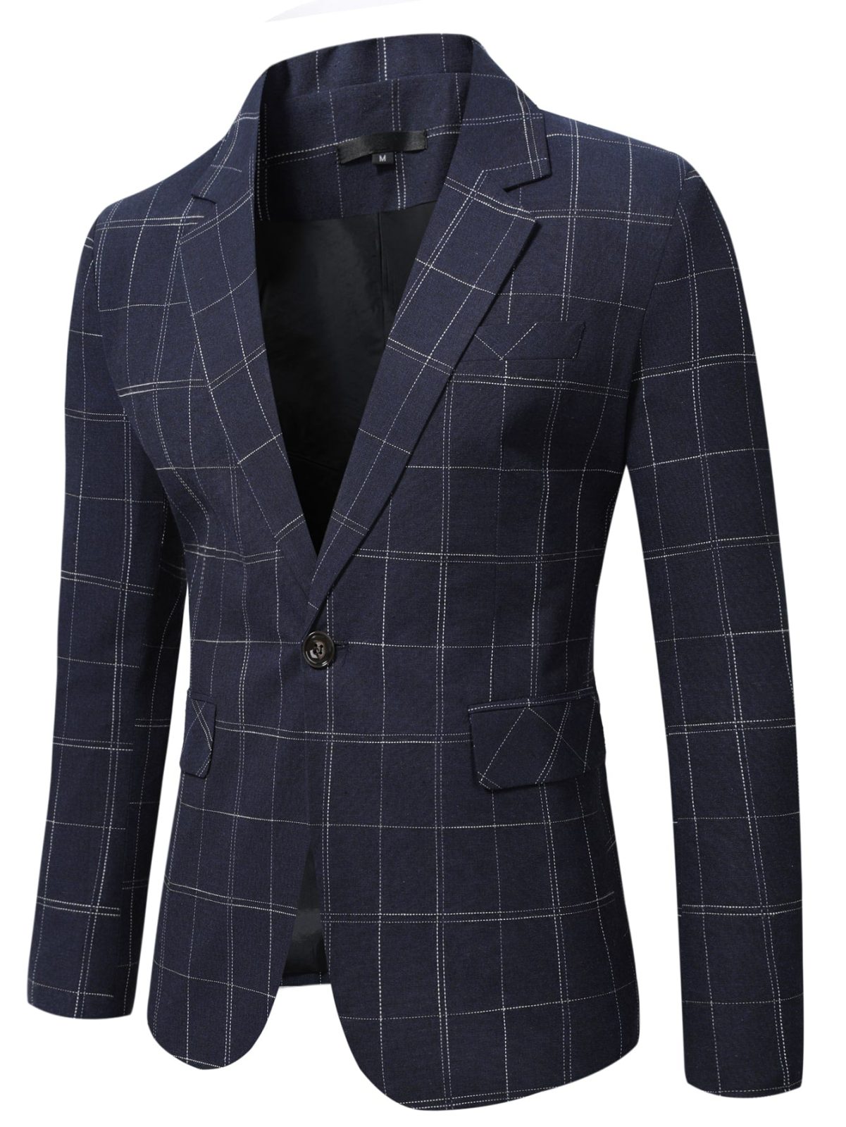 Navy Blue Plaid Single Front Button Blaze