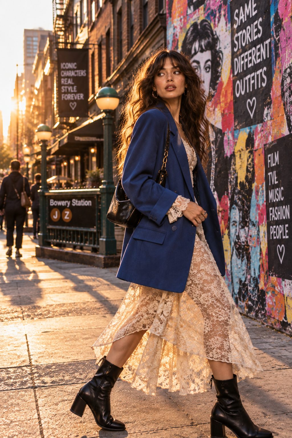 Model in a blue oversized blazer and lace dress, captured mid-stride against street art.