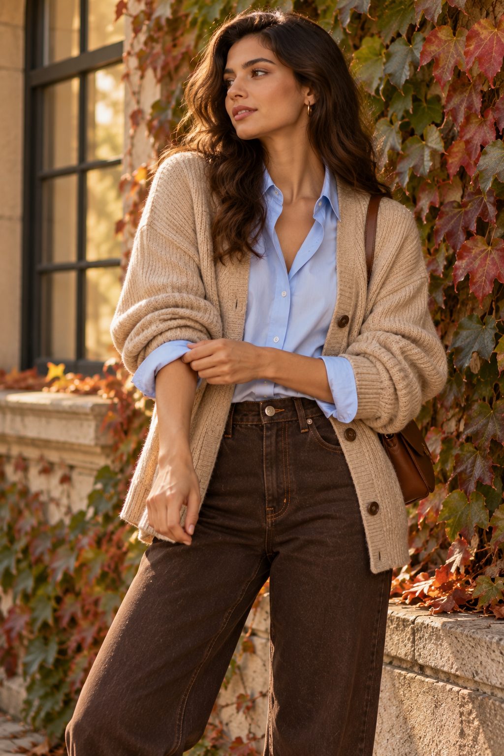 Close-up of model in chocolate-brown denim and light blue blouse against ivy wall.