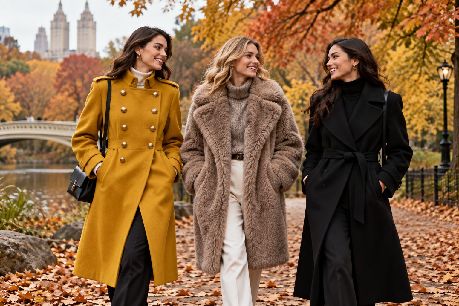 Group of models in bold coats in an autumn park setting.