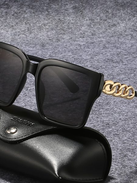 Black Chain Decor Geometric Frame UV Protected Sunglasses
