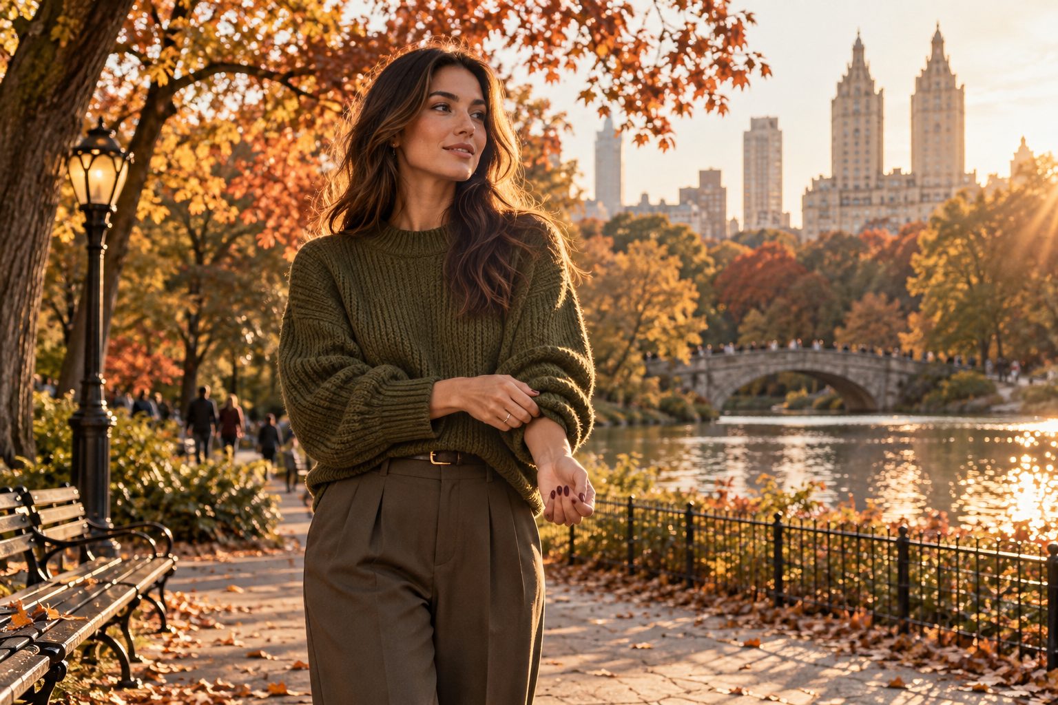 Woman in olive green knit sweater adjusting her cuff in an autumn park, showcasing deep merlot nails.