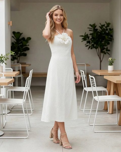 Halter Style Spaghetti Strap Floral Applique A-Line Dress