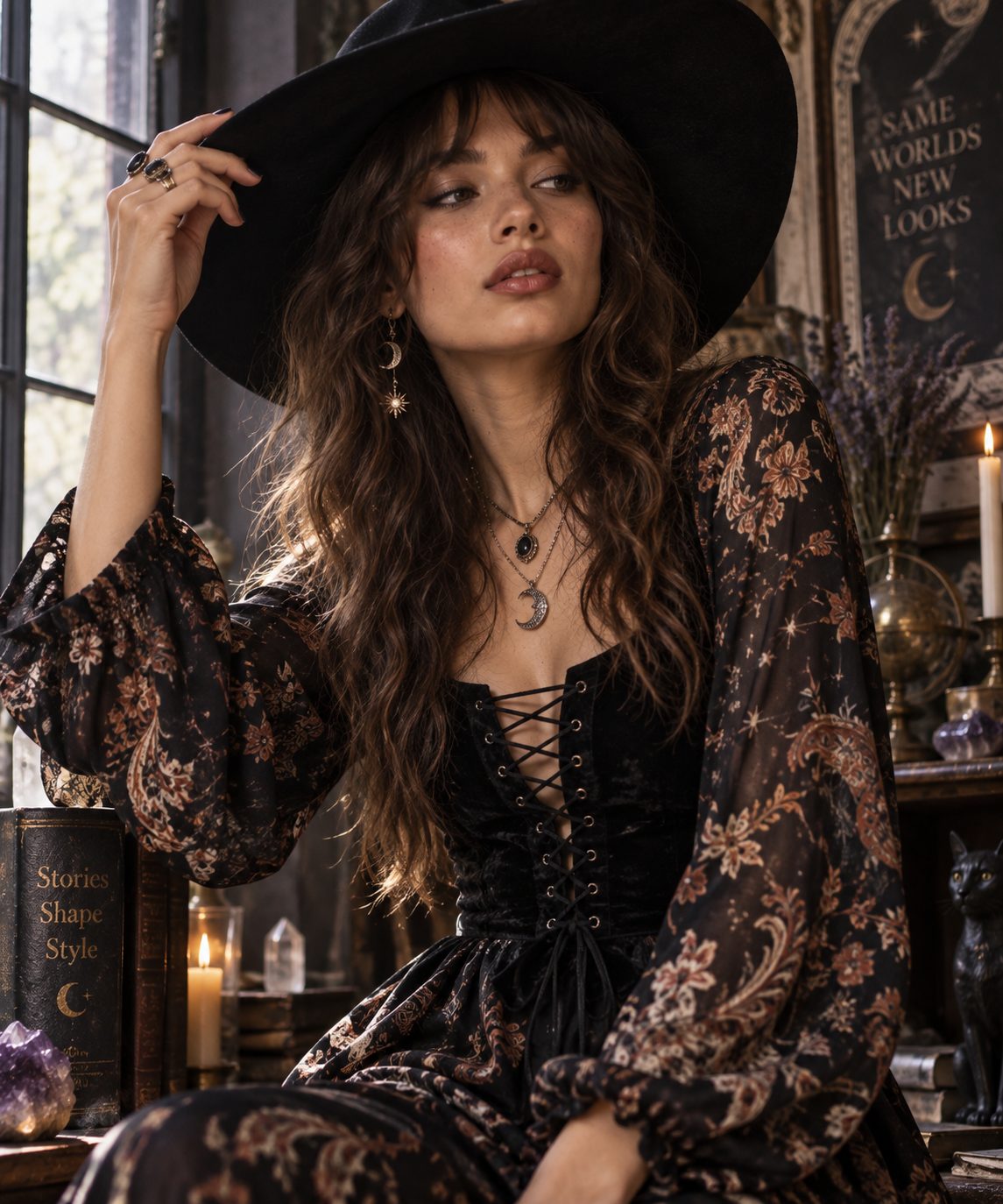 Close-up of a model in a lace-up black dress and hat, embodying the witchy aesthetic.