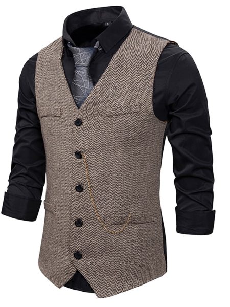 Chevron Decorative Pocket V-Neck Button Front Waistcoat